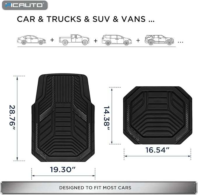 PIC AUTO Heavy Duty Rubber Floor Mats, Black Aluminum Film Car Mats Set, Front and Rear Car Mats with Anti-Slip Backing, All Weather Protection, Trim-to-Fit for Automotive SUV, Sedan, Van