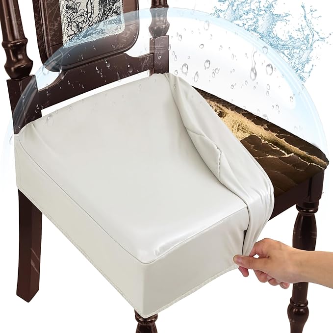Waterproof Dining Chair Seat Covers Leather Kitchen Seat Covers, Stain Resistant Stretch Chair Seat Covers for Dining Room Chairs Set of 6, Rear Covered Washable Dining Chair Covers Cream