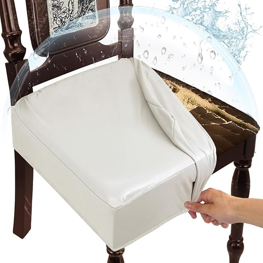 Waterproof Dining Chair Seat Covers Leather Kitchen Seat Covers, Stain Resistant Stretch Chair Seat Covers for Dining Room Chairs Set of 6, Rear Covered Washable Dining Chair Covers Cream