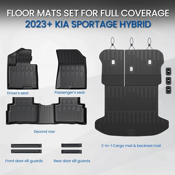Floor Mats for Kia Sportage Hybrid 2026 2025 2024 2023(Not Fit PHEV & Gas), All Weather TPE Trunk Mat Cargo Liner with Backrest Mats & Door Sill Guards Car Mat Accessories