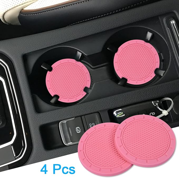 Car Coasters, Wisdompro 4 Pack PVC Car Cup Holder Insert Coaster - Anti Slip Universal Vehicle Interior Accessories Cup Mats for Women(2.75" Diameter, Pink)