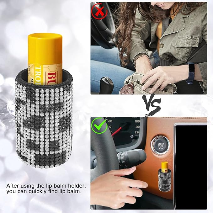 Upright Car Chapstick Holder, Bling Insulating Lip Balm Holder,Rhinestone Car Accessories for Women Interior ,Suitable for Most Vehicles. (Cow)