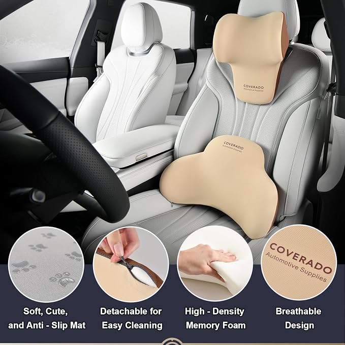 Coverado Lumbar Support and Car Neck Pillow, Ergonomic Memory Foam Desk Chair Cushion and Headrest Pillow for Car Office Chair, Sciatica & Neck & Tailbone Cushion
