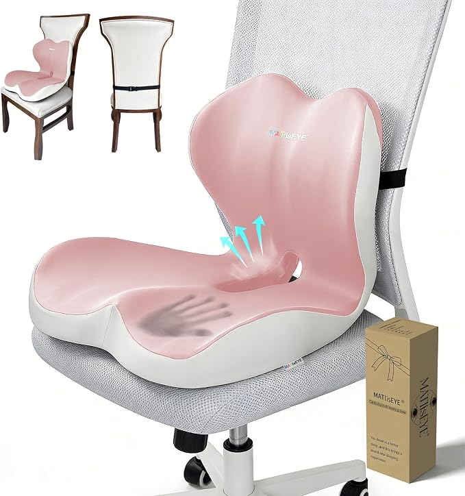 Ergonomic Memory Foam Seat Cushion with Strap for Office Chair, Pink Grey