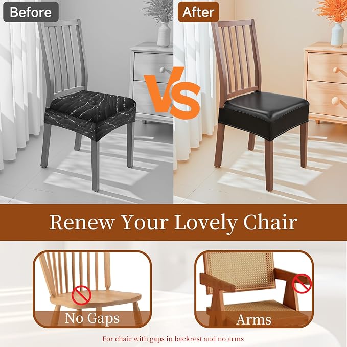 Waterproof Dining Chair Seat Covers Leather Kitchen Seat Covers, Stain Resistant Stretch Chair Seat Covers for Dining Room Chairs Set of 6, Rear Covered Washable Dining Chair Covers Black