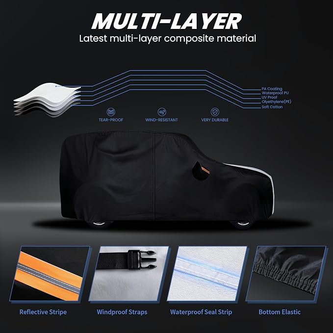 Multi-Layer Car Cover Custom Fit for Ford Bronco 2dr/Sport(2020-2026), 100% Waterproof All Weather for Automobiles, Gift with Towel, Heavy Duty Car Covers for Rain Sun UV Protection with Door Zipper