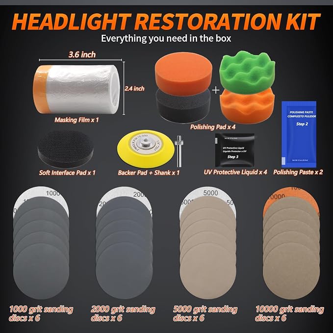 VIBRATITE 37PCS Headlight Restoration Kit, 3" Drill Sanding & Polishing Kit | Removes Cloudy Headlights, Oxidation, Yellowing and Minor Scratches, Restorer to Like-New Condition