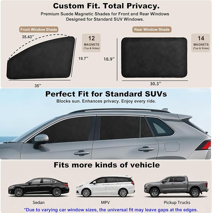 XCBYT Magnetic Car Side Window Shades, 100% Blackout Soft Suede, 4 Pack | Heat & UV protection, Privacy for camping, baby sleep, work break, road trip. Fits steel frames only, measure size before buy