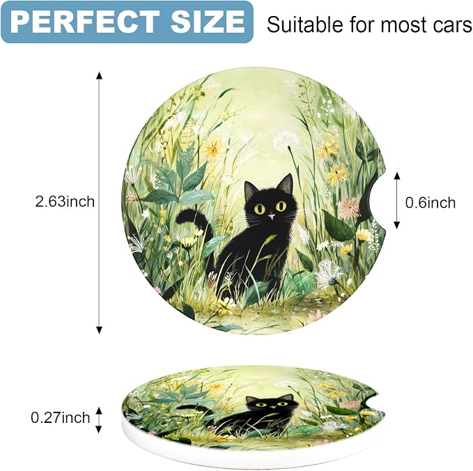 2 Pack Car Cup Holder Coaster, 2.63 inch Anti Slip Insert Absorbent Ceramic Car Coaster with Cork Base and Finger Notch, Cute Car Accessories Interior for Women, Cute Car Coasters.
