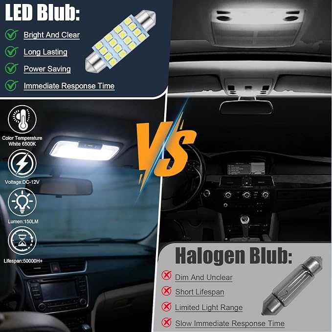 24PCS LED Interior Car Lights Kit - 42mm 36mm Festoon & T10 194 168 W5W T5 74 Canbus Error Free Super Bright 6000K White Dome Map Trunk License Plate Gauge Cluster Bulbs with Pry Tool
