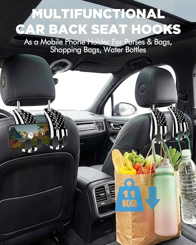 WOCOCN Purse Holder for Car, 2 Pack Heavy Duty Purse Hanger for Car, PU Leather Car Seat Hooks for Purses and Bags, Cute Flag Headrest Organizer for Handbags & Backpacks