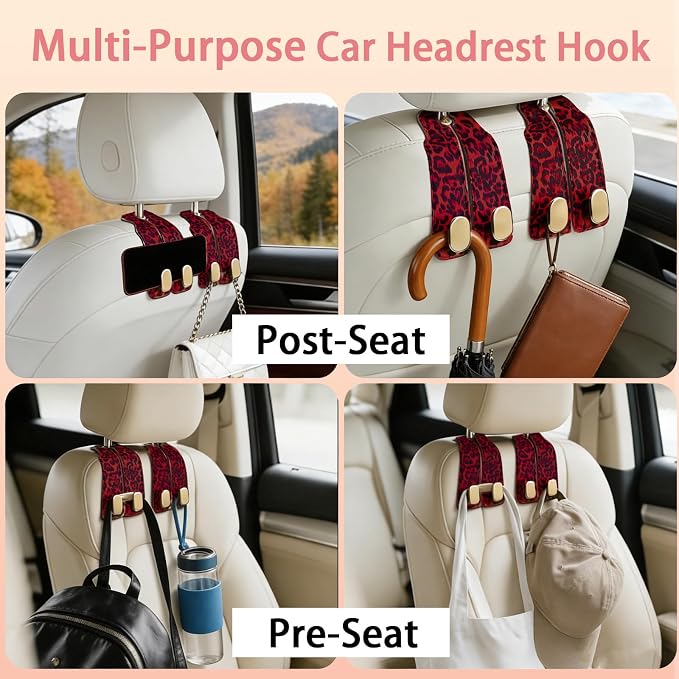 Car Hooks for Headrest: 2Pack Car Seat Back Storage Headrest Hook - Premium Leather Double Metal Hook - Purse Hook For Car Headrest - Car Headrest Hooks for Purses, Handbags, Bags -Red Leopard