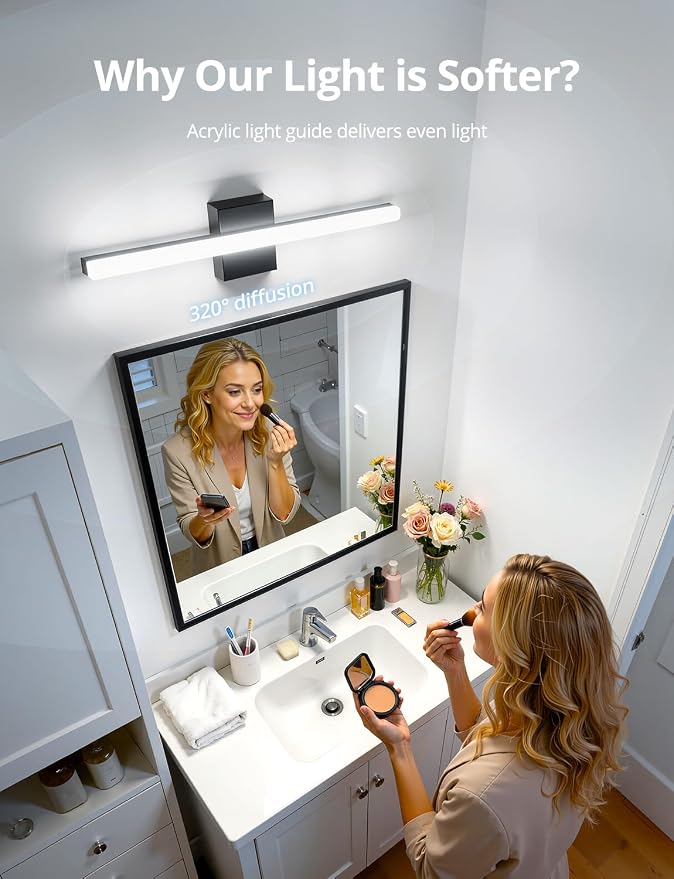 Combuh 24 Inch Black Vanity Lights for Bathroom Mirror Lighting Fixtures Gentle, 14W Modern Long Linear Restroom Wall Lamps Bar LED Lampara para Baño sobre Espejo Cool White 6000K