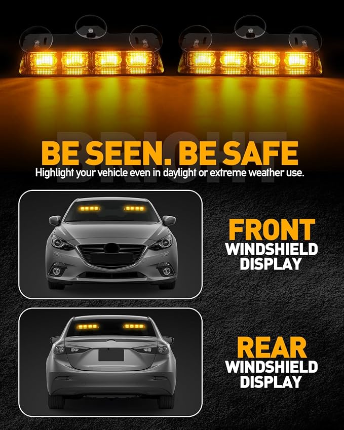 HLauto 2002L Emergency Dash Strobe Lights: Amber Safety Lights, Flashing Warning Hazard Windshield Visor Traffic Light Bars for Trucks, Construction Vehicles (2x8.5 inch, 48LED)