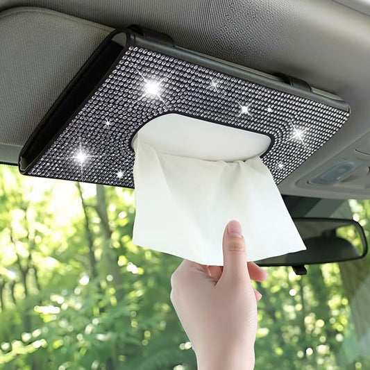 Blingbling Car Tissue Holder, Sun Visor Napkin Box, Premium PU Leather, Auto Napkin Case, Mask Holder for Car, with Tissue Refill, Vehicle Interior Accessories, Black