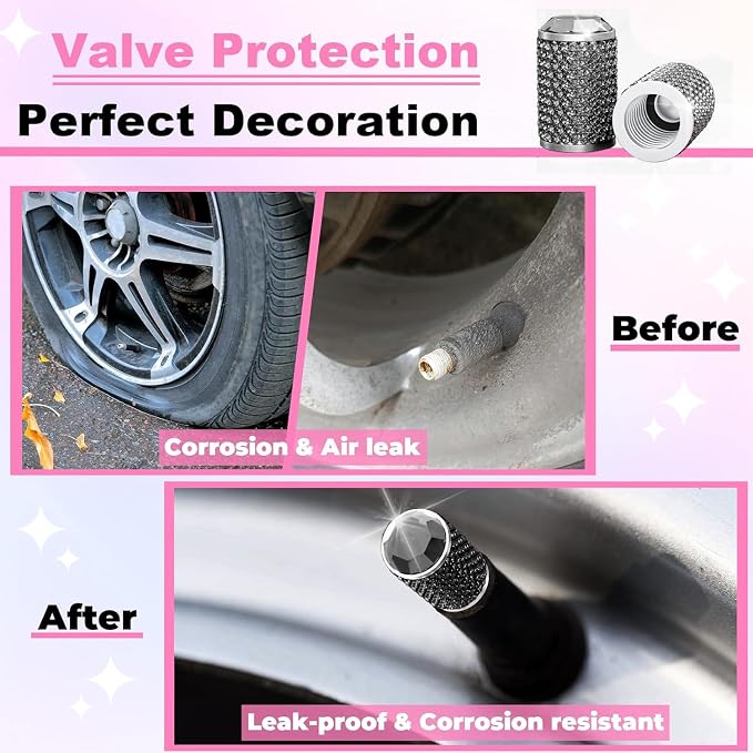 4Pcs Car Tire Valve Stem Caps, Bling Tire Air Cap for Car, Car Accessories for Women Universal Stem Covers, Anodized Aluminum Tires Valve Cap with O Rubber Ring, Crystal Diamond