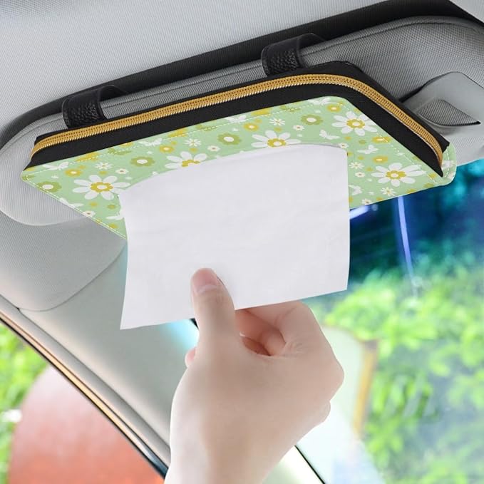 Daisy Print Napkin Holder PU Leather Car Tissue Holder Universal Car Interior Accessories for Trucks SUV Sedans Green