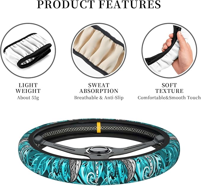 Hawaiian Teal Ocean Tribal Car Steering Wheel Cover for Women Men Stretch Cloth Anti-Slip Wrap Protector Case Fit Universal Auto Accessories Decor Sweat Absorption 14-15 Inch