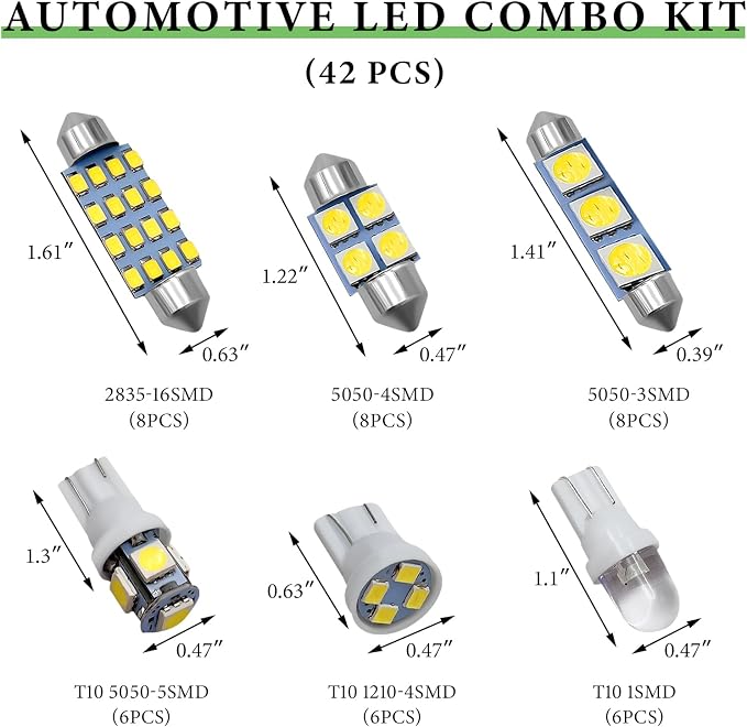 42 PCS LED Interior Car Lights, Super Bright White Interior Bulb Set for Vehicle Map Dome Cab Tail License Plate Lights, T10 31mm 36mm 41mm 194 LED Replacement Bulb Kit