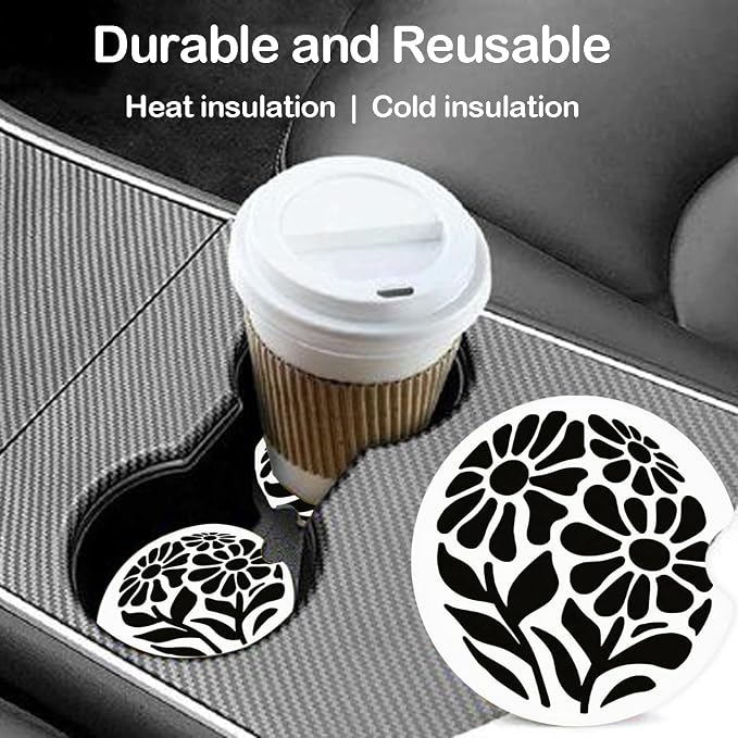 Ceramic Car Coasters – Absorbent Car Cup Holder Coaster Set for Women, Cute Aesthetic Car Accessories for Girls, 2 Pack (Onyx)
