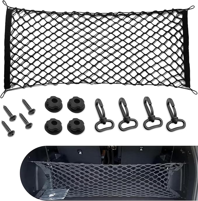 Cargo Net Stretchable, Dual-Layer Nylon Trunk Storage Net with Hook, 35.43inch x15.75 Inch Adjustable Elastic Organizer Net, Suitable For Cars, Sedans, SUVs and Trucks (Black)