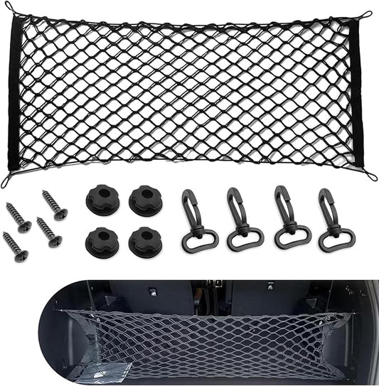 Cargo Net Stretchable, Dual-Layer Nylon Trunk Storage Net with Hook, 35.43inch x15.75 Inch Adjustable Elastic Organizer Net, Suitable For Cars, Sedans, SUVs and Trucks (Black)