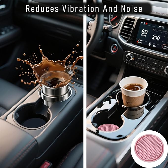 Car Cup Holder Coaster 4 Pack - Non Slip & Shockproof,Flexible PVC Rubber Insert for Car/Truck/SUV/Van (2.75"x0.2") Universal Fit Auto Cup Holders Accessories for Women and Man (Pink)