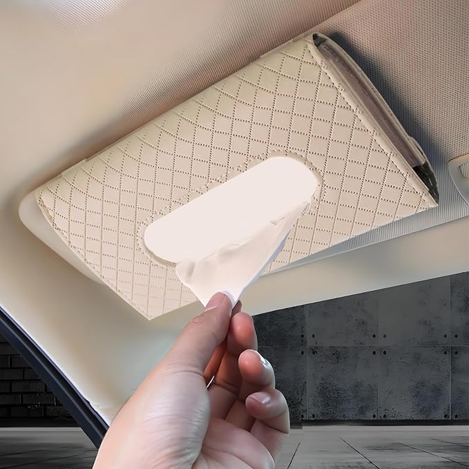 Car Tissue Holder, Leather Tissue Holder for Car Sun Visor, Rectangular Auto Sun Visor Napkin Holder Mask Dispenser, Universal Vehicle Tissue Box Sun Visor Accessory (Plaid-Beige)