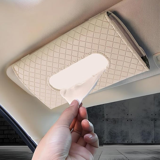 Car Tissue Holder, Leather Tissue Holder for Car Sun Visor, Rectangular Auto Sun Visor Napkin Holder Mask Dispenser, Universal Vehicle Tissue Box Sun Visor Accessory (Plaid-Beige)
