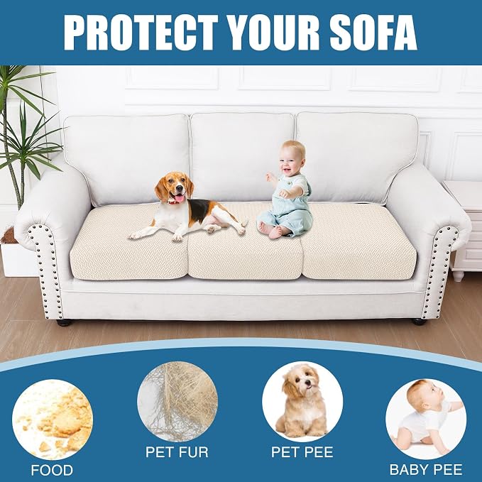 Smiry Waterproof Couch Cushion Covers, Stretch Jacquard Thick Sofa Cushion Covers, Washable Seat Slipcover Elastic Furniture Protector for Pets, Kid (3PC, Light Biege)