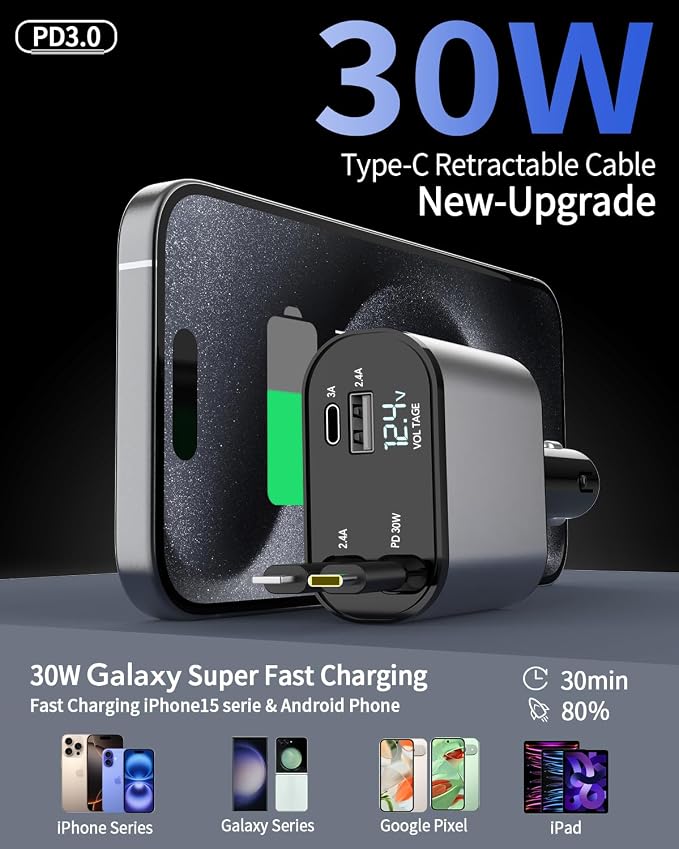 Retractable Car Charger,Car Phone Charger USB C Fast Charge for iPhone | EloBeth Car Charger,Cigarette Lighter USB Charger Car Accessories,Road Trip Essentials Gift for Men,for iPhone 17/16,Galaxy
