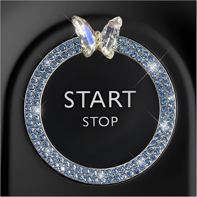DXNQ Bling Ring Emblem, Sparkling Butterfly Car Buttons and Knobs Ring, Girly Butterfly Diamond Car Engine Start Button Cover, Key Ignition Knob Rings Decoration for Women (Blue, Double Row)