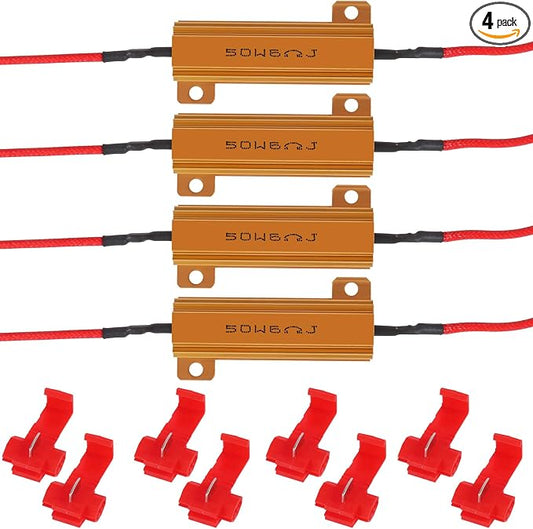 4Pcs 50W 6Ohm Load Resistor Turn Signal Blink LED Fix Fast Flash Error Code Flickering Automotive Replacement Resistors for LED Lights Indicator Controllers Bulb Headlights Tail Light License Plate