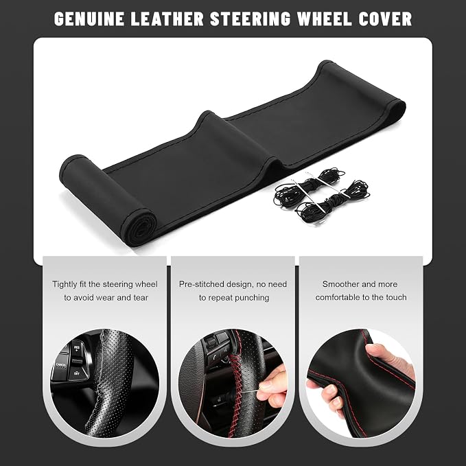 Genuine Leather Steering Wheel Cover, 15 Inch Stitch on Steering Wheel Protector with Needle & Thread, Anti-Slip DIY Sewing Wheels Wrap for Most Vehicles (Black, Glossy)