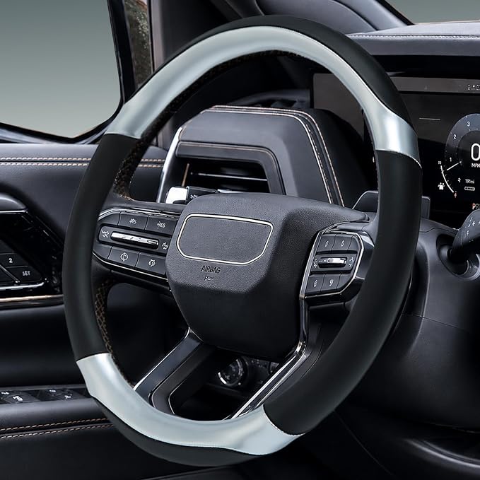 Yangday Leather Steering Wheel Cover for GMC Sierra 1500 2500 3500, 14.5-15 inches Car Steering Wheel Cover with Anti-Slip Massage Particle (Bright Silver)