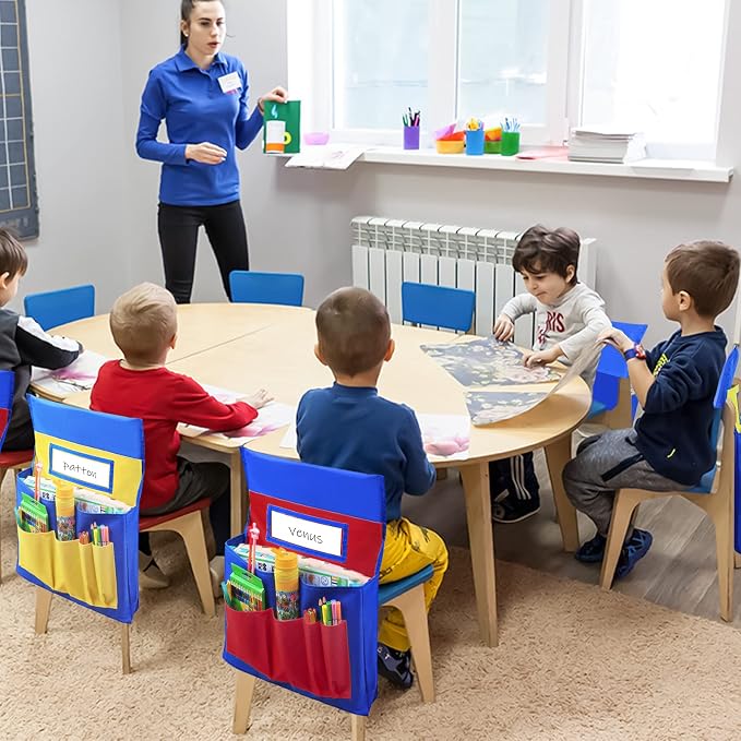 Chair Pockets for Classrooms, 15.7" × 18.9" – 6 Pockets Chairback Storage Organizer with Name Tag Window, Student Desk & Seat-Back Management for Books, Folders & School Supplies, Red+Blue