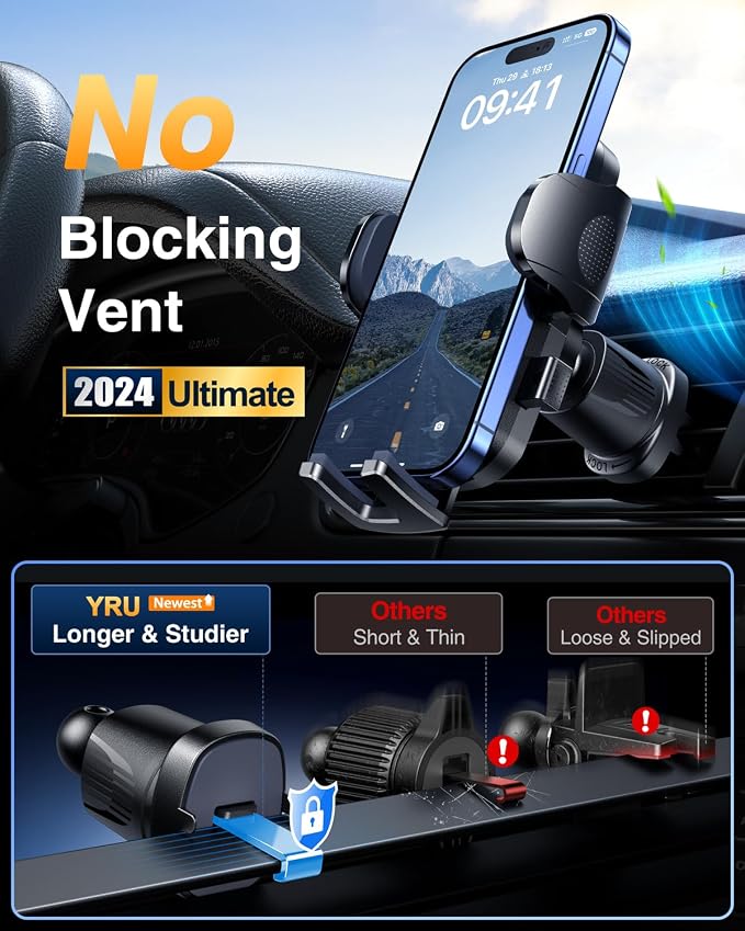 YRU True Military-Grade [360° Rotation Suction] 2026 Ultimate Car Phone Holder Mount【90+LBS Safest Strongest & Patent Certs】 Dash Windshield for iPhone 17 16 Pro Max Speakerphones, Gloss Black