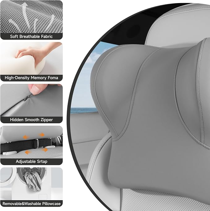BEBAS Car Headrest Pillow, Ergonomic Memory Foam Car Neck Pillow for Driving, Neck Support Pillow with Breathable Removable Cover, Headrest Support Cushion for Pain Relief, Fits All Vehicles(Gray)