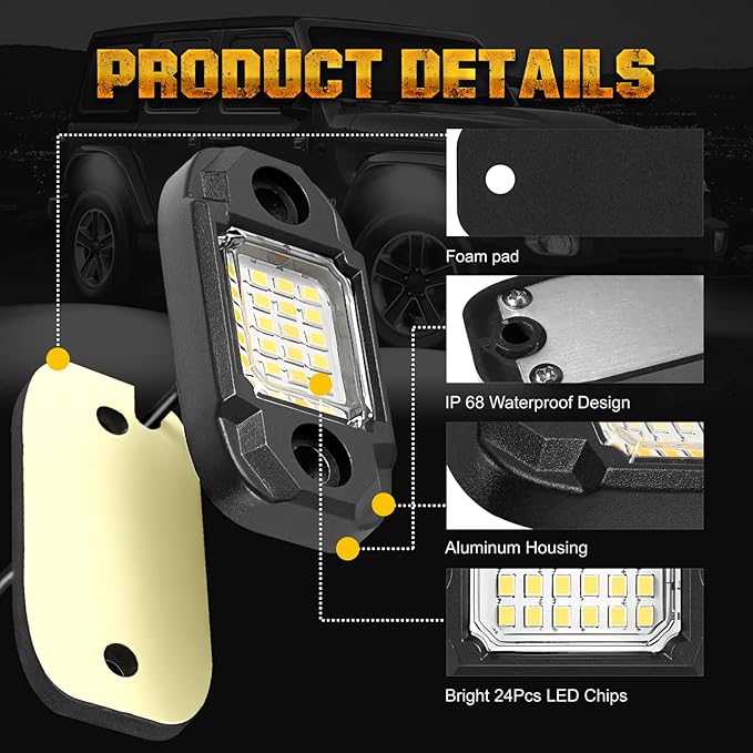 4 Pods White Rock Lights Underglow Light for Cars Trucks Trail Rig Lamp | 24 LED chips for each light, waterproof led bottom chassis lights