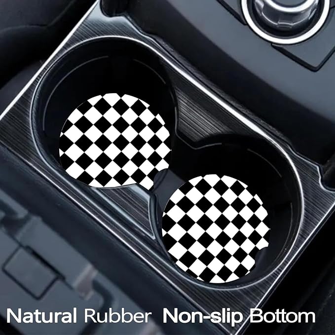 2 Pack Black and White Grid Car Cup Holder Coasters Universal Neoprene Mat | 2.75" Universal Size Anti Slip Rubber Mat,Auto Cup Holder Accessories for SUV Truck, Lattice Design Gifts for Women Men Mom