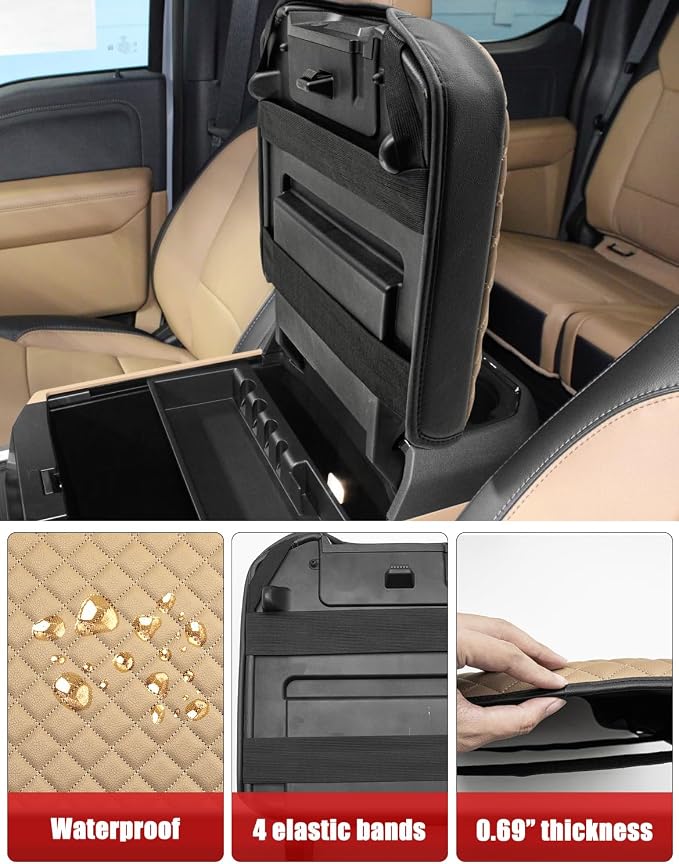 KBH Center Console Armrest Cover for F250-F550 Super Duty 2023-2026, Bucket Seat, Vinyl Leather Interior Trim, Arm Rest Lid Cushion Rrotector, Anti-Scratch, Baja Tan