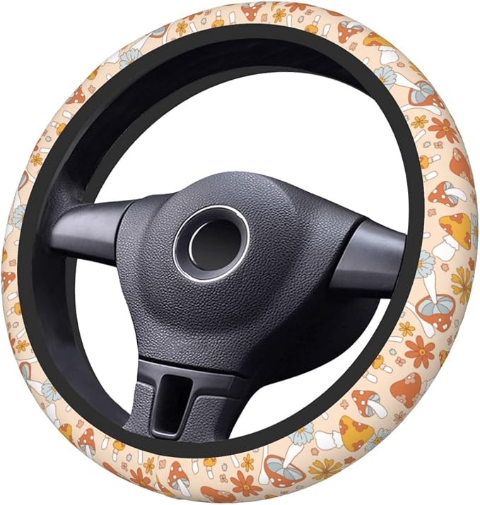 Hippie Mushroom Groovy 70s 80s Flower Steering Wheel Cover For Women Men Girls Car Accessories Decor Anti-Slip Neoprene Auto Steering Wheel Covers Protector Universal 15 Inch