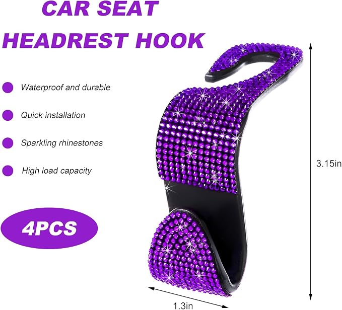 4 PCS Car Seat Headrest Hook, Crystal Rhinestone Seat Hanger Auto Interior Purse Holder, Bling Vehicle Backseat Hangers for Grocery Bags Handbags Coats, Car Accessories (Purple)