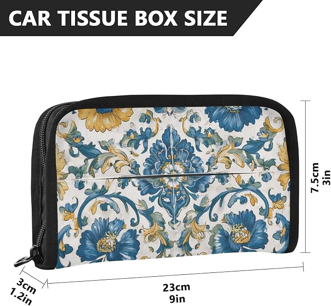 Car Visor Tissue Holder Mask Holder for Car, Car Tissue Box Sun Visor Napkin Holder Car Visor Accessories Adjustable Straps Reusable Durable Easy to Install Floral Blue and Yellow Tile