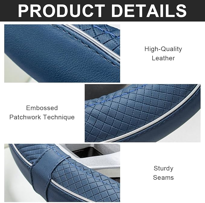 Car Steering Wheel Cover, 15 Inch Anti-Slip Breathable Leather Auto Steering Wheel Protector, Full Surround Soft Steering Wheel Cover for Men Women, Car Interior Accessories (Blue & White)