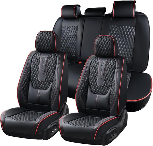 Coverado Car Seat Covers Full Set, Nappa Leather Seat Covers for Car, Waterproof Car Seat Protector with Lumbar Support, Automotive Seat Covers Universal Fit for Most Cars SUV Trucks (Black-Red line)