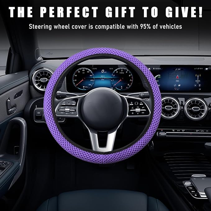 Wevdn Elastic Stretch Steering Wheel Cover, 15"×15" Microfiber Breathable Ice Silk Steering Wheel Protector, Anti-Slip Elastic Steering Wheel Cover for Men Women, Car Accessories (Purple)