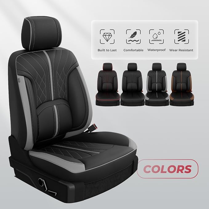 FREESOO Leather Seat Covers for Ford F150 SuperCrew/Crew Cab 2015-2026 | Fits F250/F350/F450 Super Duty 2017-2026, Custom Fit, Waterproof, Bucket Seat, Airbag Compatible, Lumbar Support, Easy-clean