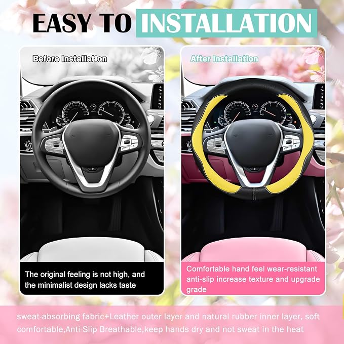 SuperKaKa Car Steering Wheel Cover 2025, Universal Auto PU Cute Breathable Slip-Proof Comfort Imitation Leather Protector Cars Interior Accessories for Women Men Fit Most Vehicle (Yellow)