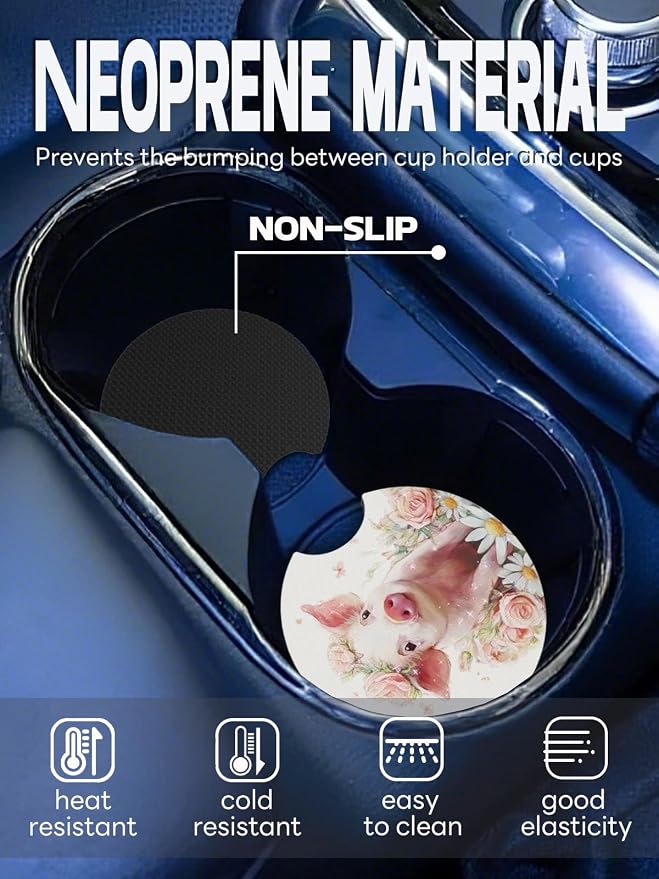 WOCOCN Car Coasters,Cup Holder Coasters for Car,2.75inch Anti Slip and Absorbent,Cute Automotive Interior Accessories for Cup Holder,Pack of 2 (Flower Wreath Pig)